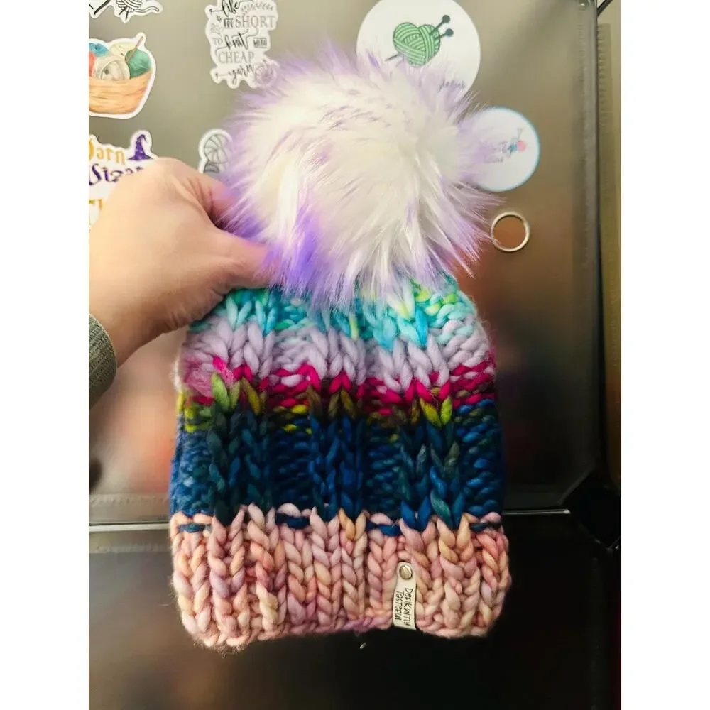 Handmade Neon Merino Wool Beanie: Colorful Winter Hat with Faux Fur Pom